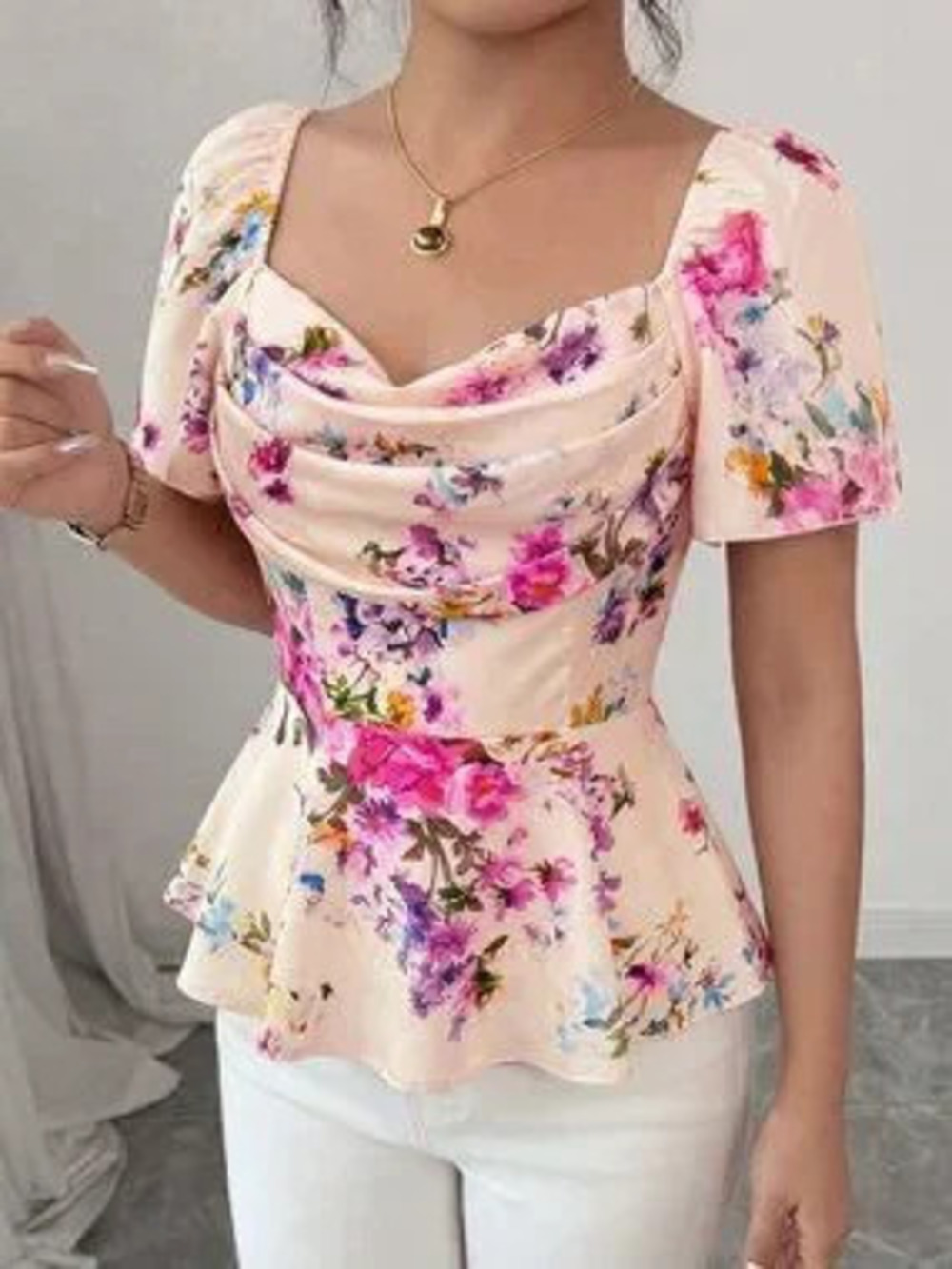 Multicolor Elegant Women's Romantic Printed Ruffle Collar Fitted Blouse